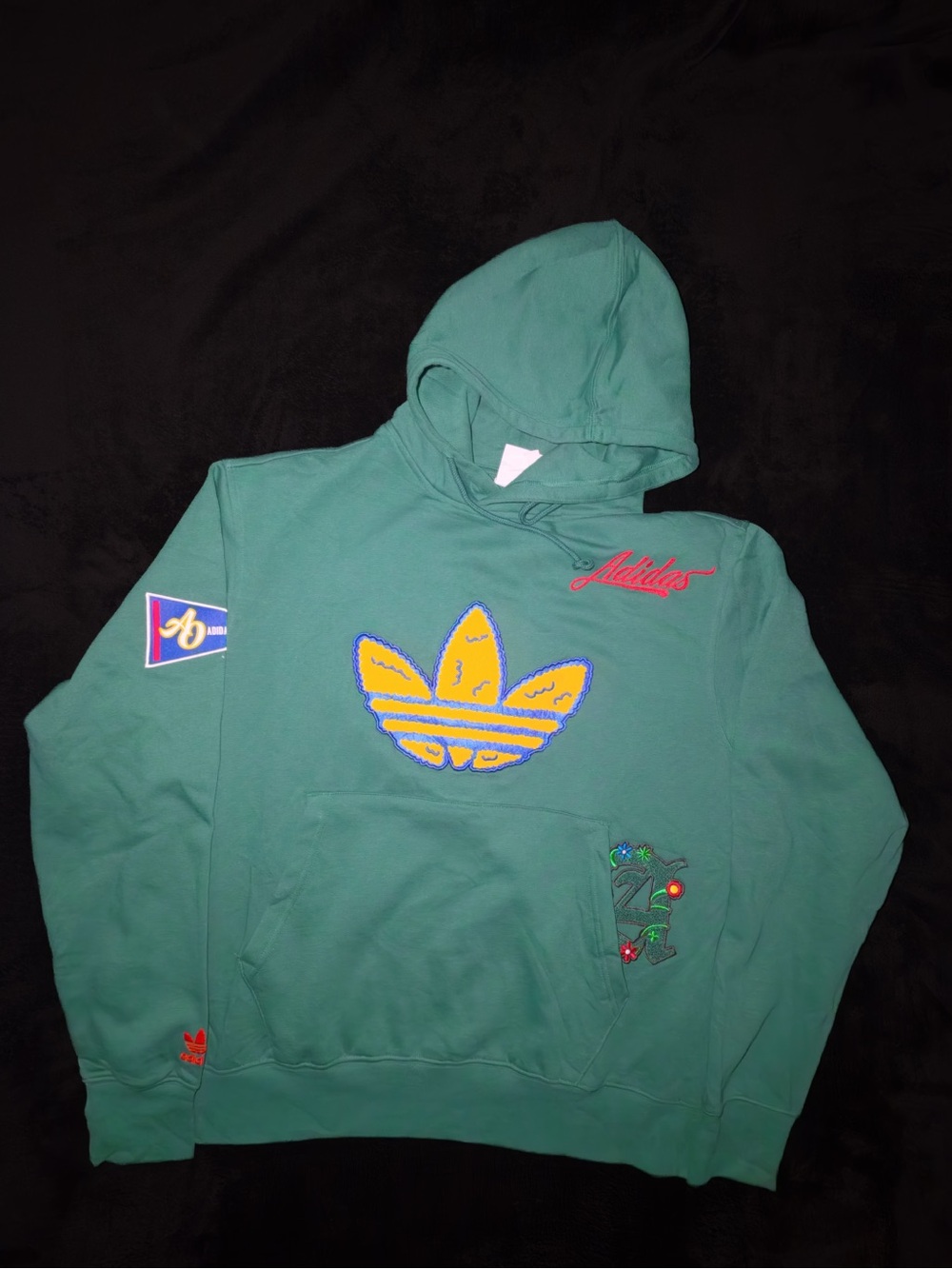 adidas Teal Hoodie with Yellow Trefoil & Red Script